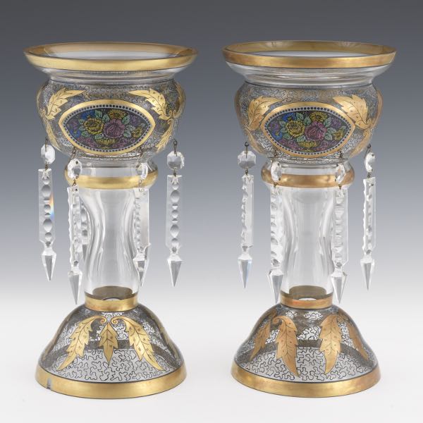 Appraisal: PAIR OF PAINTED GLASS LUSTRES x Clear glass lustres with