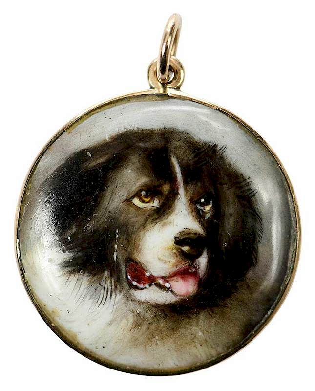 Appraisal: kt Dog Pendant dog painted on porcelain marked W Essex