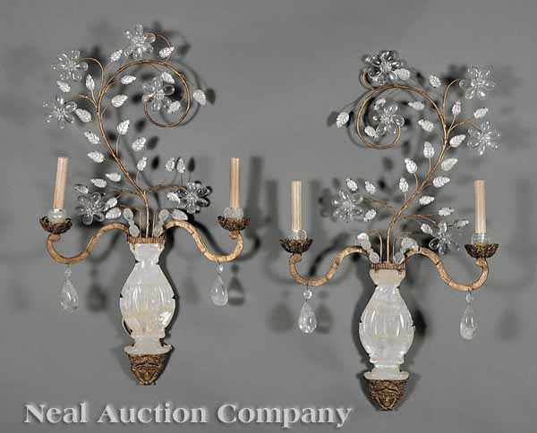 Appraisal: A Pair of Louis XVI-Style Rock Crystal Two-Light Sconces in