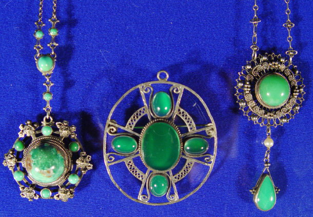 Appraisal: Middle Eastern style silver metal and green stone necklaces and