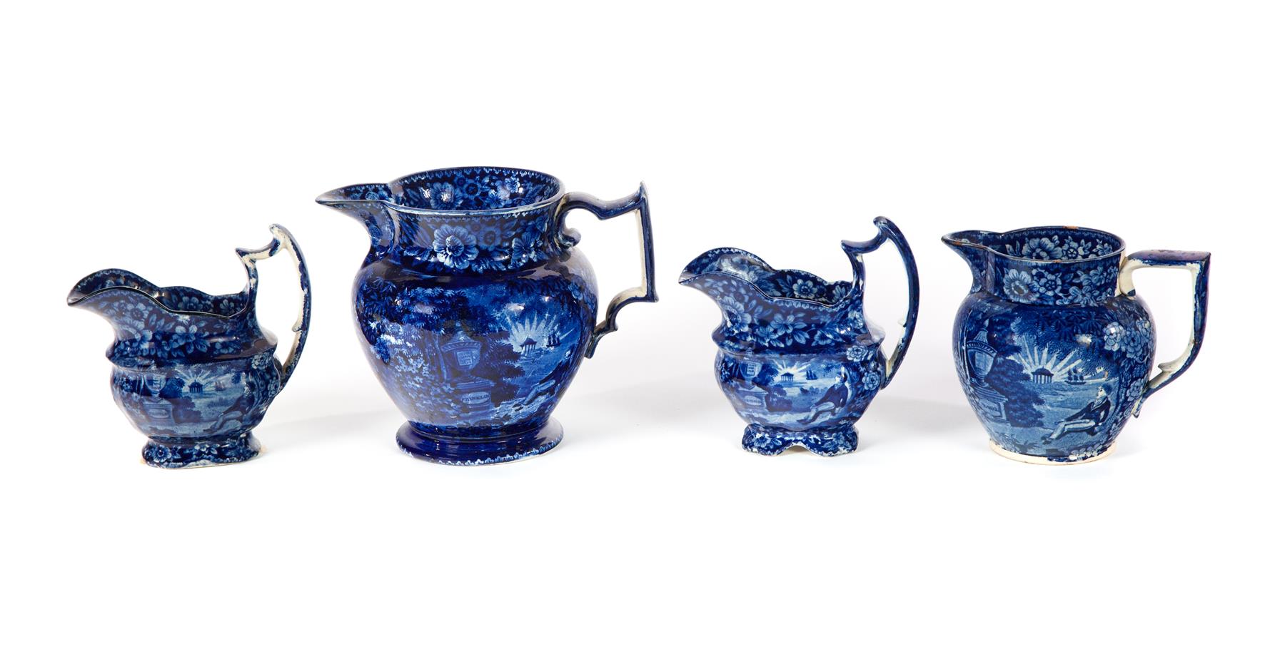 Appraisal: FOUR HISTORICAL BLUE PITCHERS LAFAYETTE AT FRANKLIN'S TOMB England nd