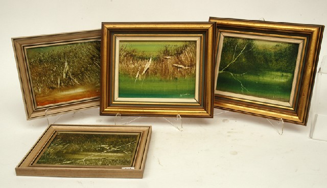 Appraisal: J LUFF Set of four waterhole scenes with birds Oil