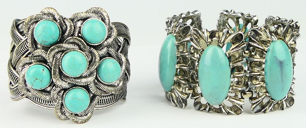 Appraisal: PAIR OF HEAVY SILVER AND TURQUOISE BRACELETS Heavy cuff reticulated