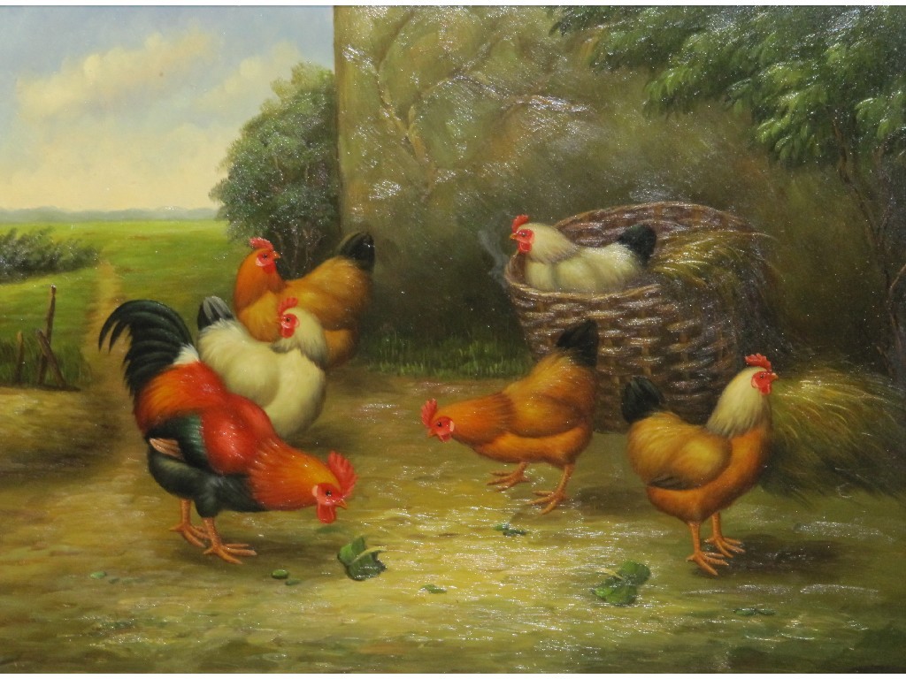 Appraisal: Oil on board 'Chickens Feeding'