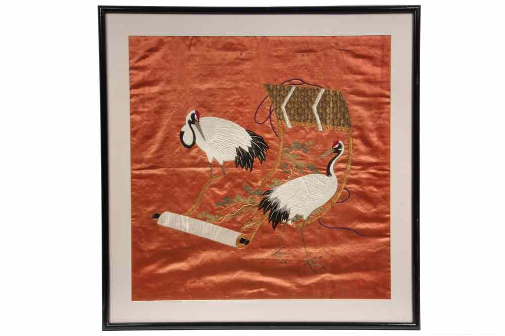 Appraisal: JAPANESE TEXTILE - th c Japanese Embroidered Silk Panel depicting