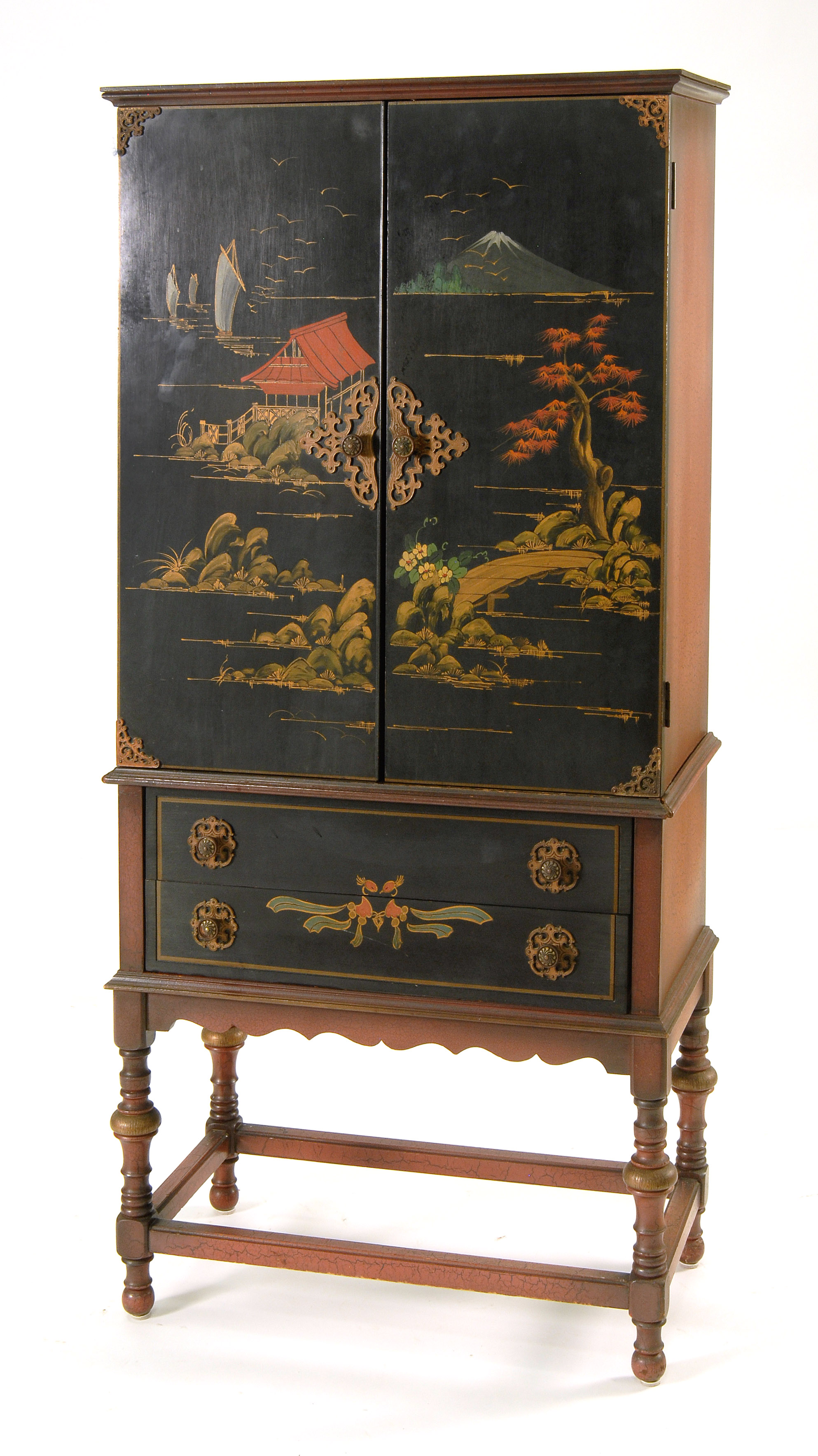 Appraisal: MODERN JAPANESE LACQUER CABINET with polychrome decoration of a water