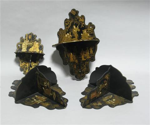 Appraisal: SET OF THREE VICTORIAN JAPANNED WALL BRACKETS Each with a