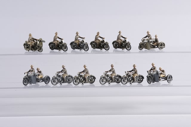 Appraisal: Lot of Britains motorcyclists and motorcycles with side cars Repainted