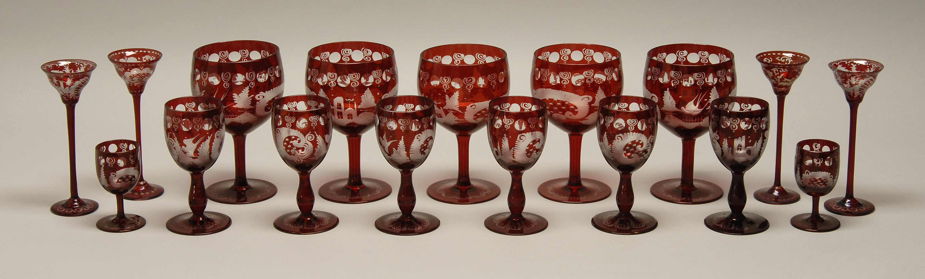 Appraisal: SEVENTEEN PIECES OF BOHEMIAN RUBY CUT-TO-CLEAR GLASS STEMWARE Late th