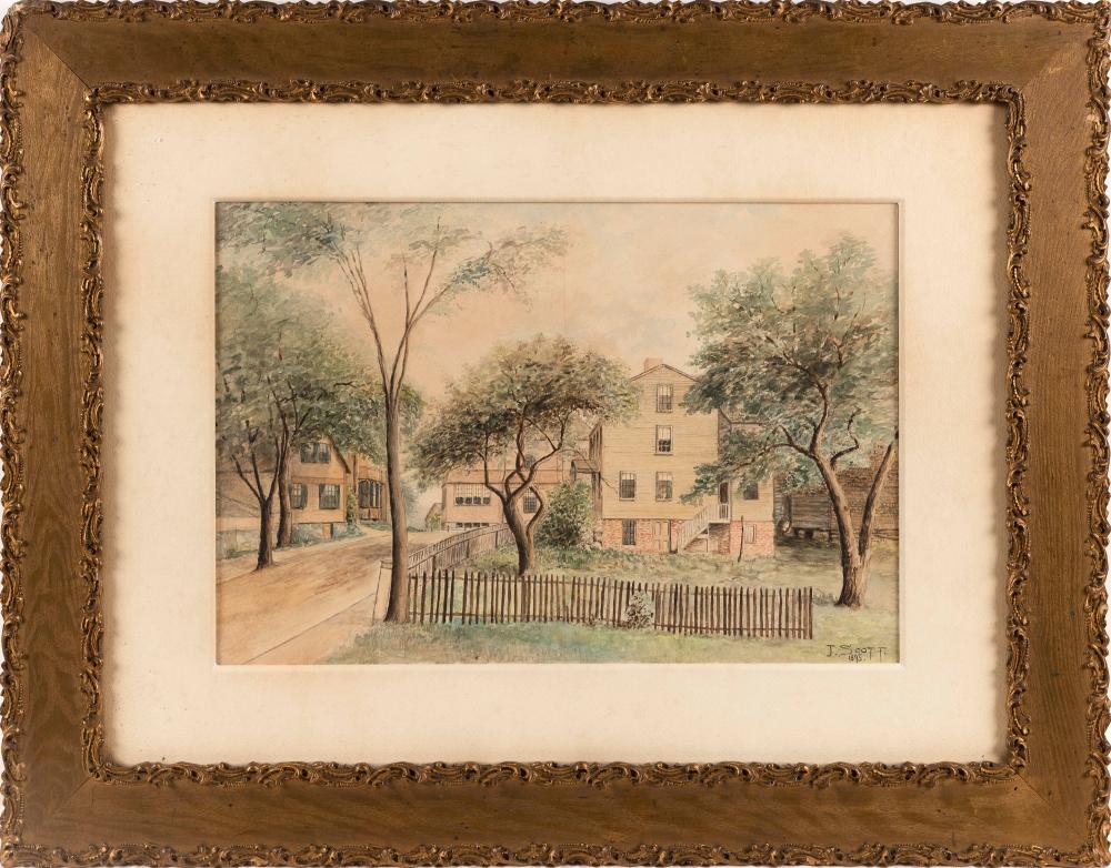 Appraisal: AMERICAN SCHOOL DATED TREE-FILLED NEIGHBORHOOD WATERCOLOR ON PAPER X FRAMED