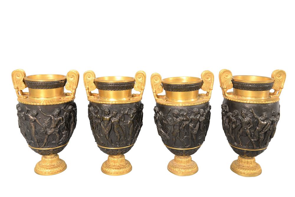 Appraisal: Set of Four Bronze Urns having gilt bronze handles partially