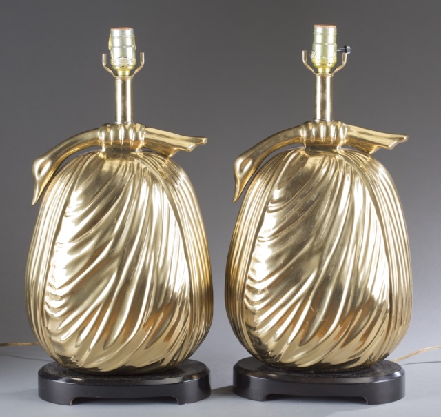 Appraisal: Pair Of Polished Brass Lamp Bases Goose neck over ovular