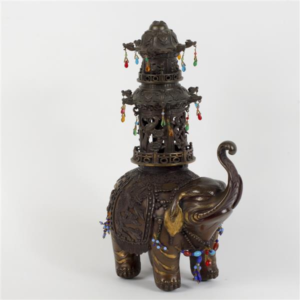 Appraisal: Japanese bronze figural elephant censer with beaded glass embellishments H