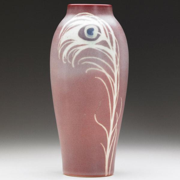 Appraisal: ROOKWOOD Vellum vase painted by Sara Sax with peacock feathers