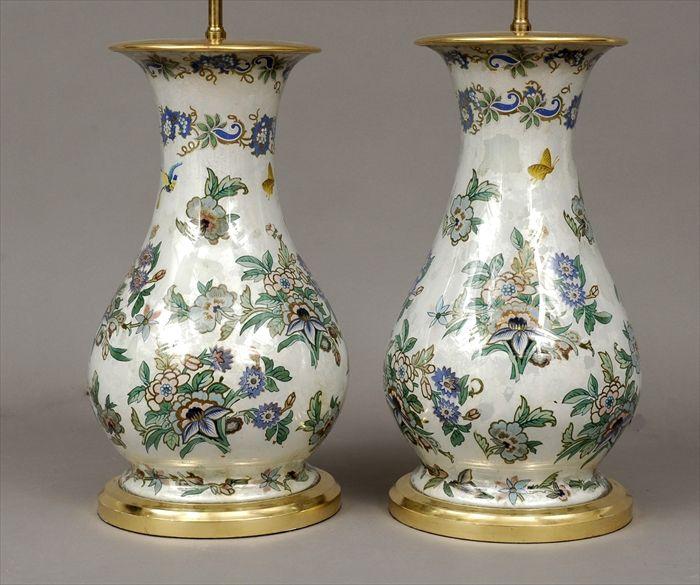 Appraisal: Pair of Decoupage-Decorated Glass Baluster-Form Vases Mounted as Lamps in