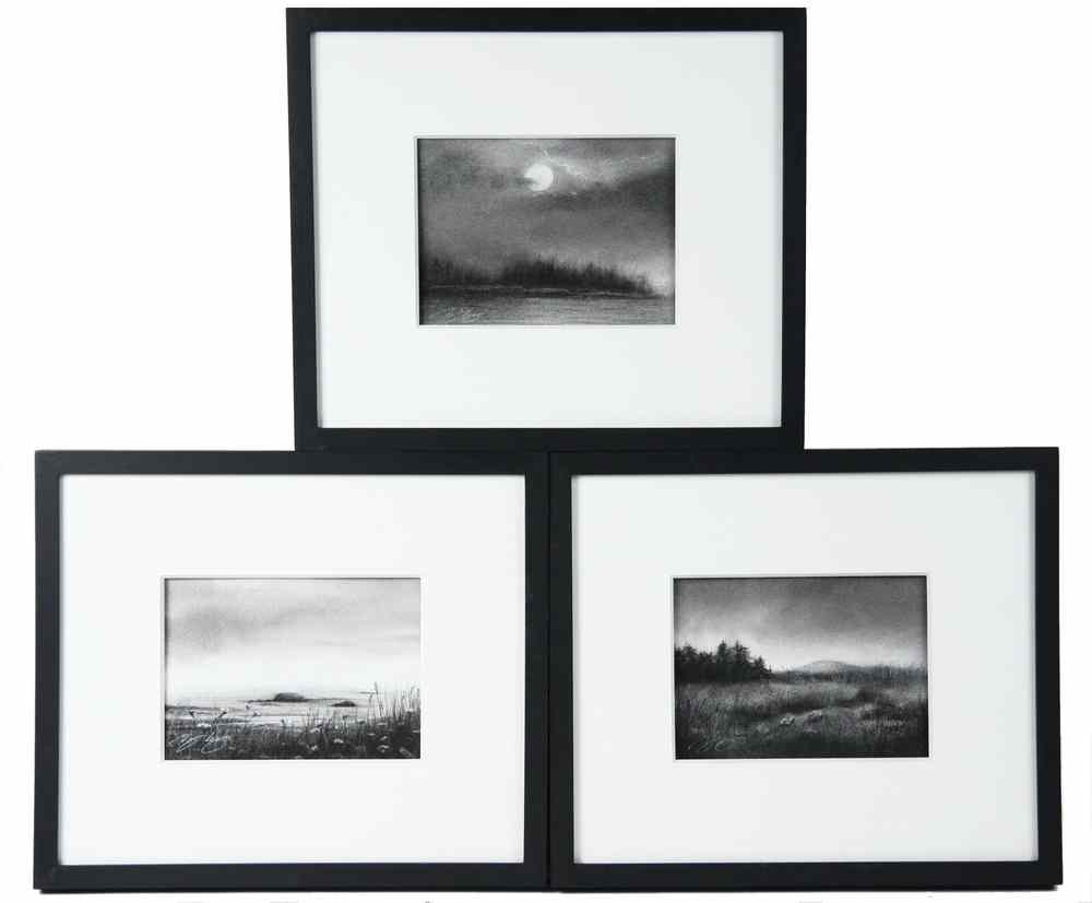 Appraisal: GROUP CHARCOAL LANDSCAPES - Maine Coastal Scenes at dawn and