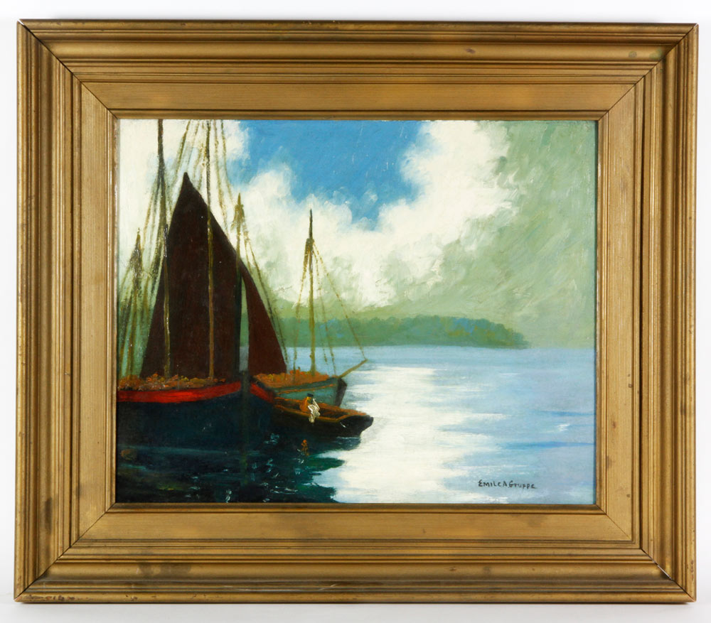 Appraisal: - Sailboat O B Sailboat with fisherman in rowboat oil