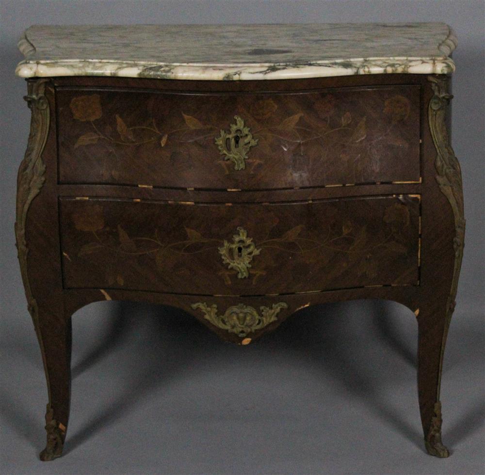 Appraisal: LOUIS XV STYLE ORMOLU MOUNTED MARQUETRY AND MAHOGANY COMMODE with