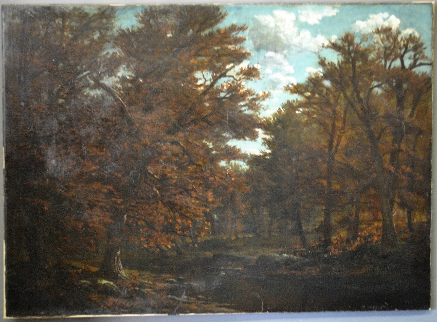 Appraisal: - Large unframed oil on canvas painting of an autumn