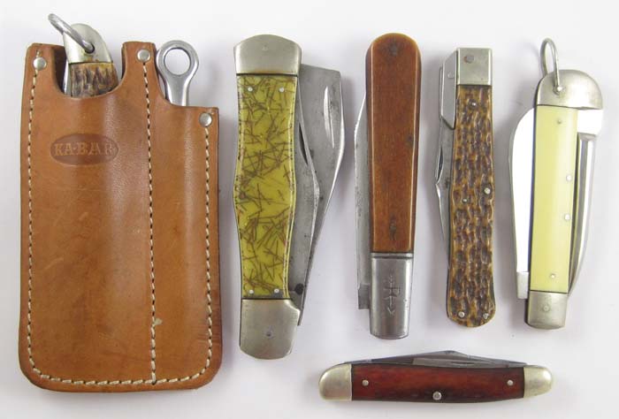 Appraisal: SIX COLLECTABLE FOLDING KNIVES Case XX stainless R rigging knife