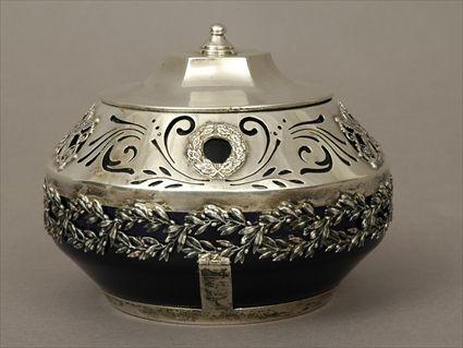 Appraisal: German Silver-Mounted Cobalt Glass Covered Jar in in diam