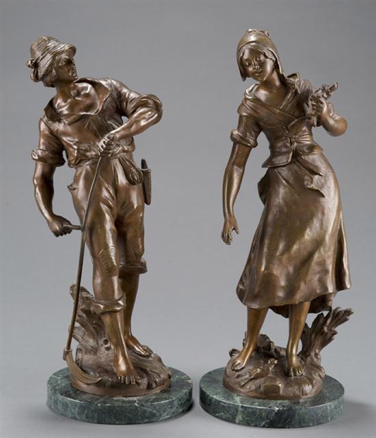 Appraisal: Pair of bronze sculptures of farmers after Auguste Moreau Mid