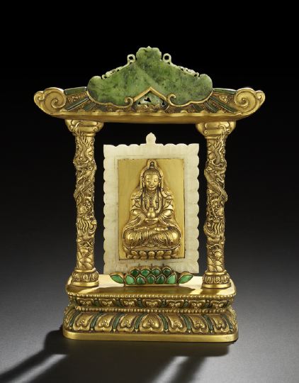 Appraisal: Chinese Jade and Gilt-Metal Shrine composed of a central figure