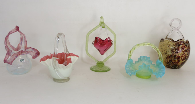 Appraisal: FIVE ART GLASS BASKETS various forms including basket cased white