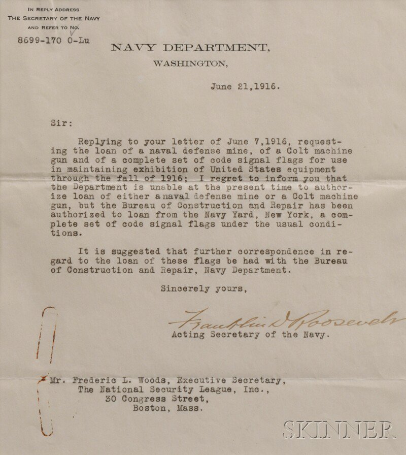 Appraisal: Roosevelt Franklin Delano - Typed Letter Signed Washington D C