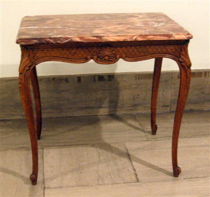 Appraisal: Provincial French walnut side table The shaped rectangular rouge marble