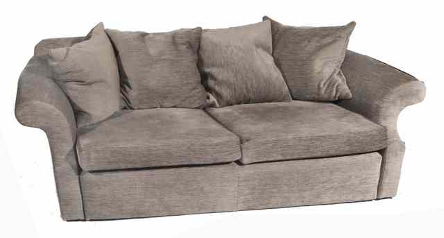 Appraisal: A WESLEY BARRELL KEMBLE MODEL GREY UPHOLSTERED SOFA with scrolling