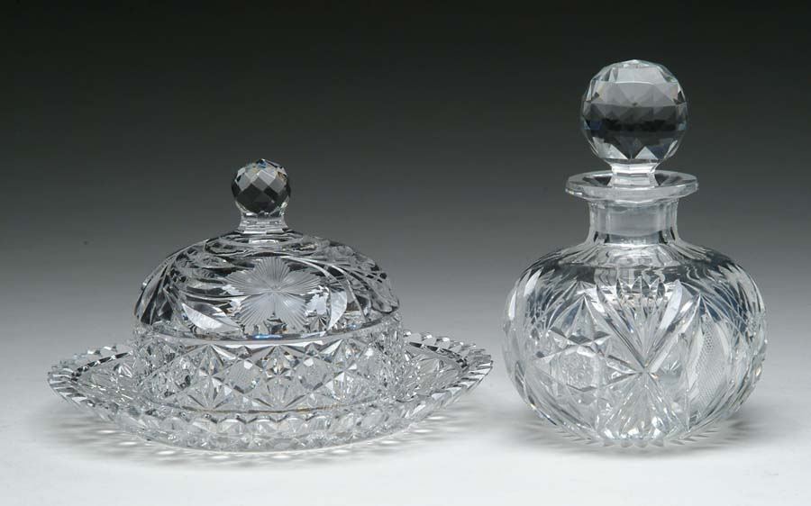 Appraisal: TWO CUT GLASS ITEMS Cut glass butter dish cut in