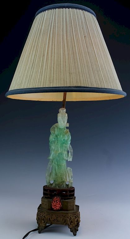 Appraisal: Chinese Jade Fluorite Quan Yin Sculpture Lamp Vintage Chinese Quan