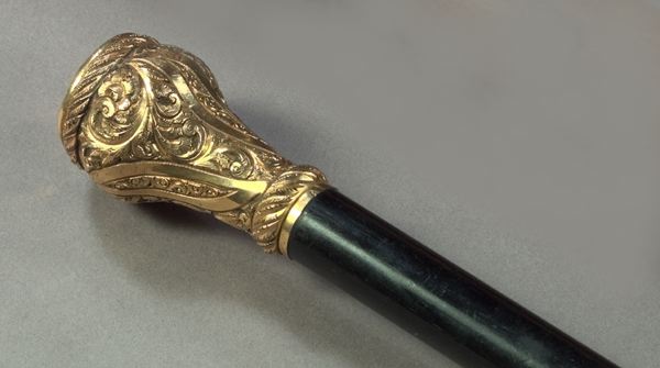 Appraisal: American Engraved Gold-Fill-Headed Black Lacquer Walking Stick dated by presentation