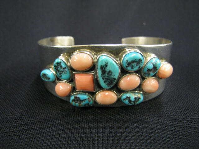 Appraisal: Turquoise Coral Sterling Bracelet cuff style a stunning combintation