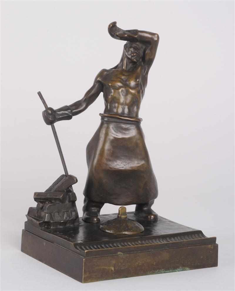 Appraisal: HEINRICH KRIPPEL - FIGURAL INKSTAND Bronze signed the bare-chested smelter