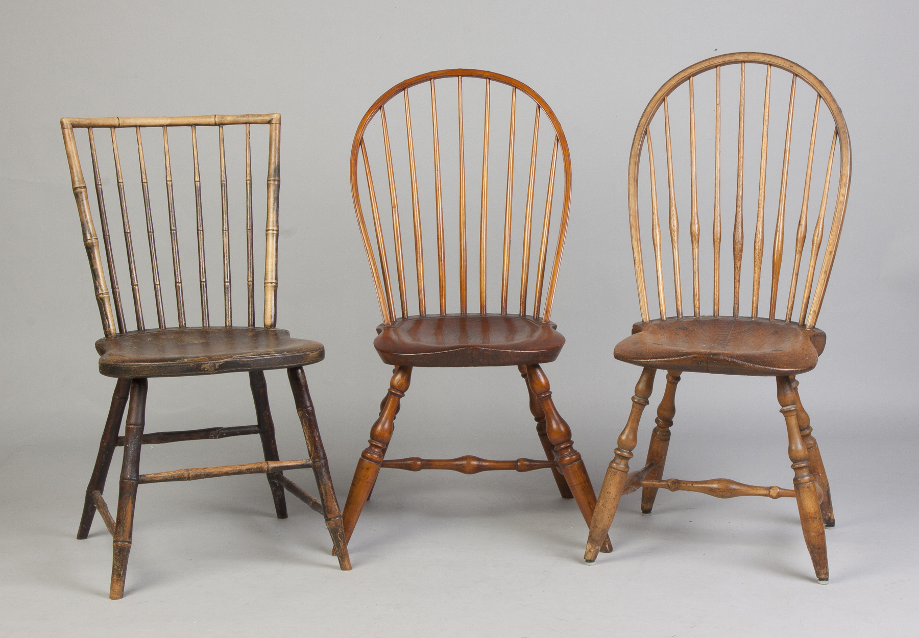 Appraisal: Three Windsor Chairs All early th cent Painted bamboo side