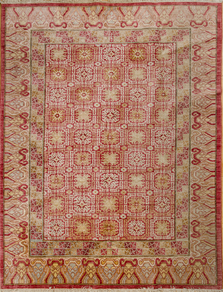 Appraisal: Samarkand Rose-Ground Carpet Worked with fret-enclosed tiles within inner fret