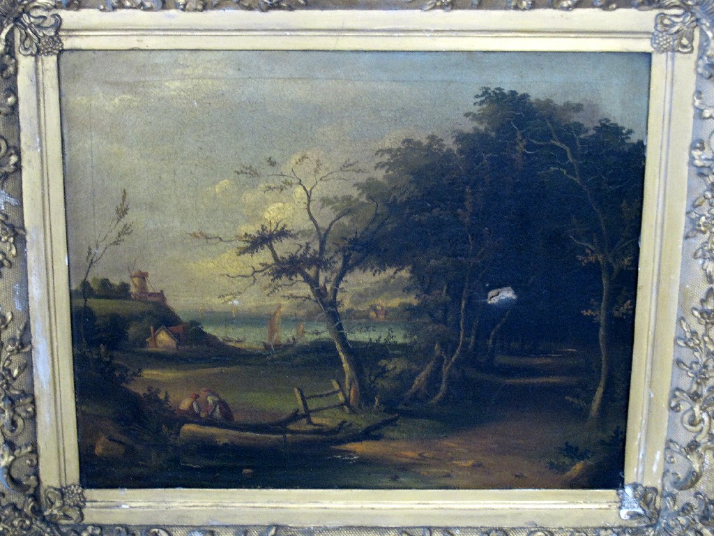 Appraisal: Early th century oil on canvas landscape with figures and