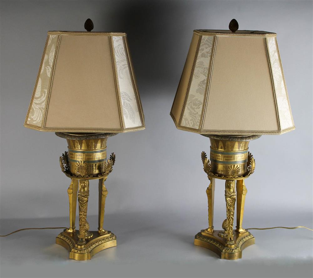 Appraisal: PAIR OF EGYPTIAN REVIVAL PAINTED AND GILT METAL TABLE LAMPS