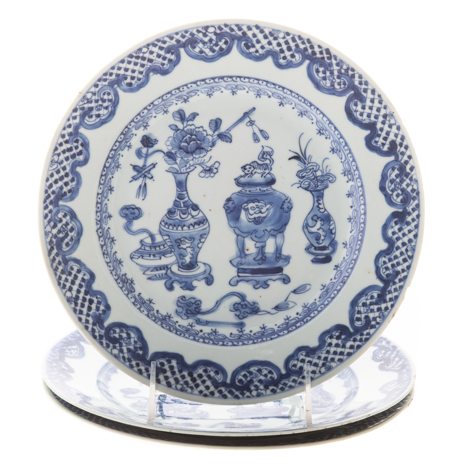 Appraisal: THREE CHINESE EXPORT BLUE WHITE PLATES Circa having cross hatch