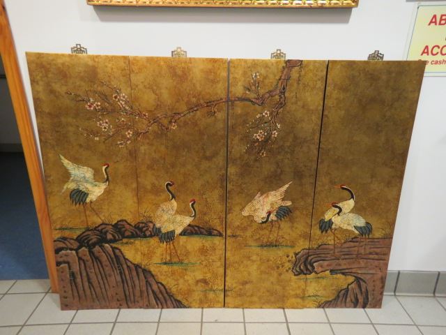 Appraisal: Oriental Wall Plaques crane and landscapedecoration on gold leaf high