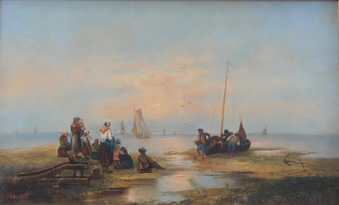 Appraisal: A Vescovi thC Coastal scene with figures and fishing boats