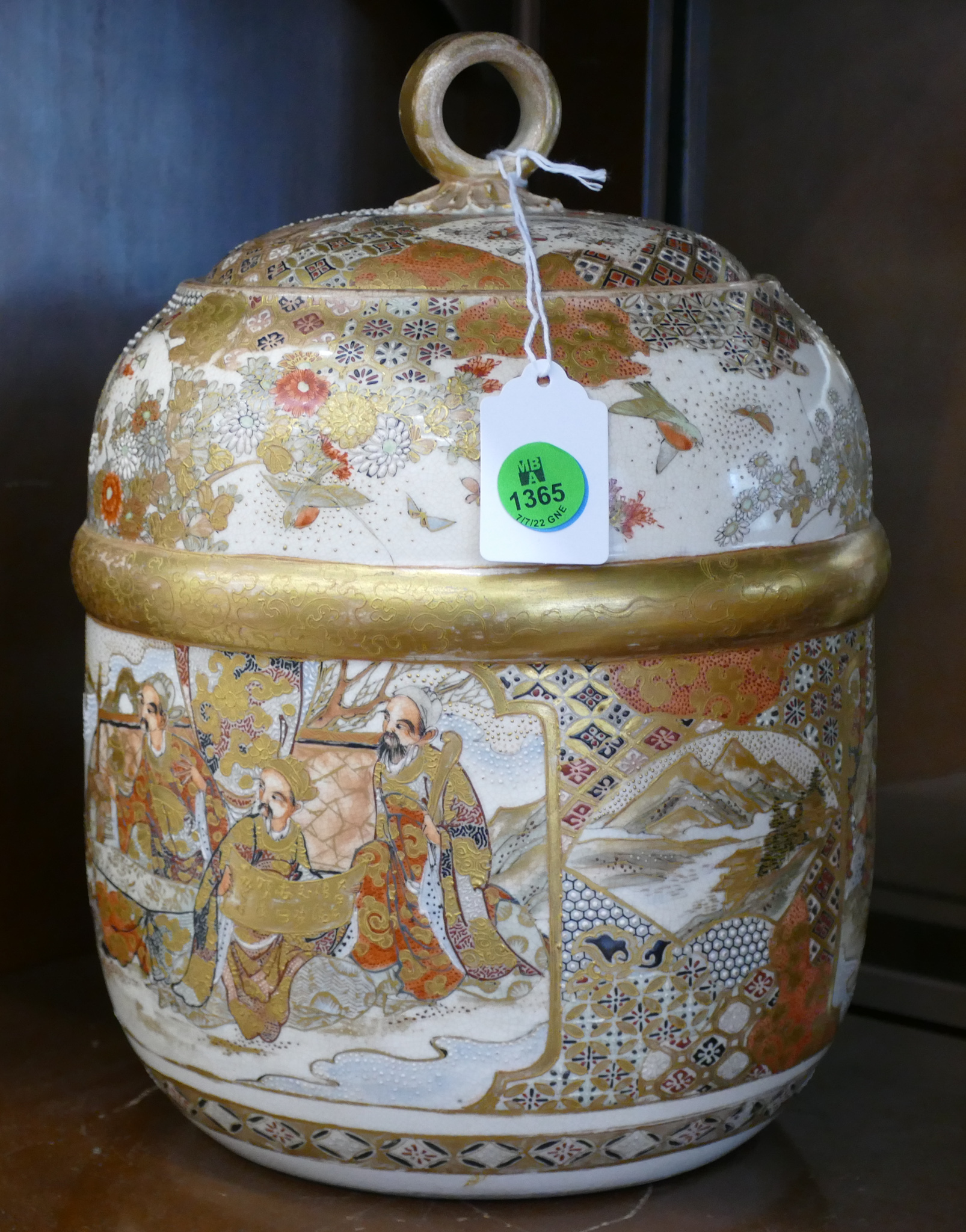 Appraisal: Meiji Japanese Satsuma Covered Jar '' - Crack to lid