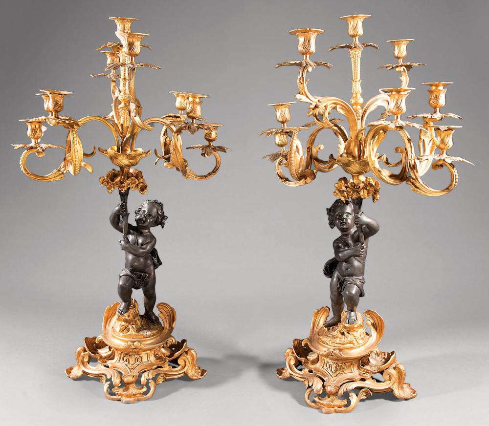 Appraisal: Pair of Louis XV-Style Gilt and Patinated Bronze Nine-Light Figural