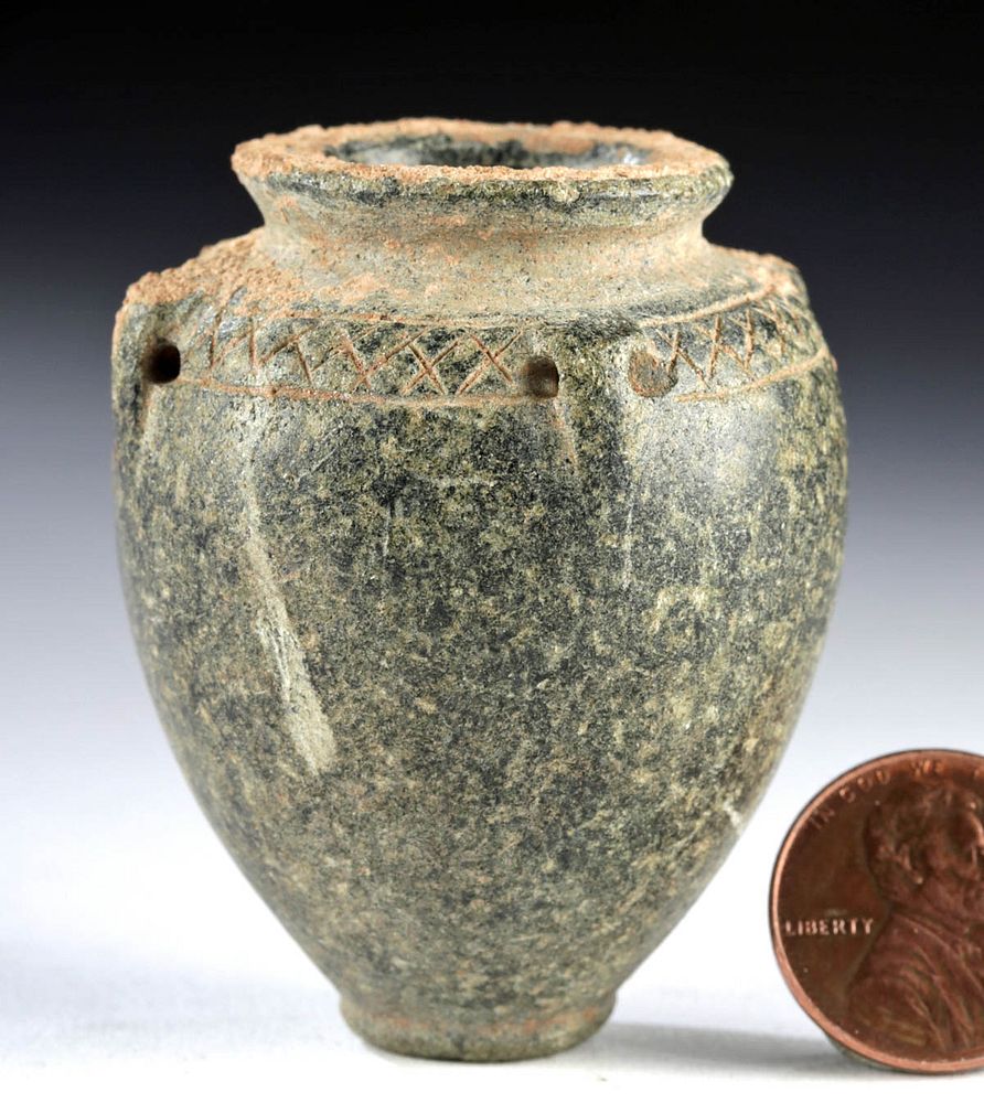 Appraisal: Miniature Ancient Bactrian Schist Jar - Incised Motifs Originally Listed