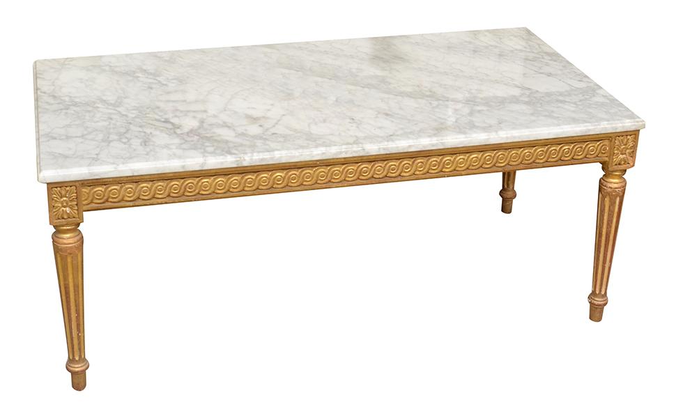 Appraisal: A LOUIS XVI STYLE GILTWOOD FRAMED MARBLE TOP COFFEE TABLE