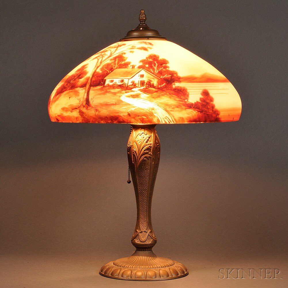 Appraisal: Reverse-painted Table Lamp United States early th century the shade