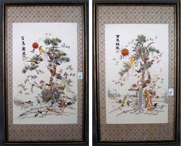 Appraisal: PAIR CHINESE HAND EMBROIDERIES on white silk In each peacock