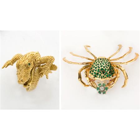 Appraisal: Gold Alligator Ring and Gold Enamel Diamond and Emerald Crab